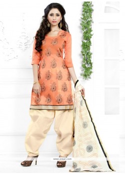 Haute Lace Work Chanderi Cotton Peach Designer Patiala Suit