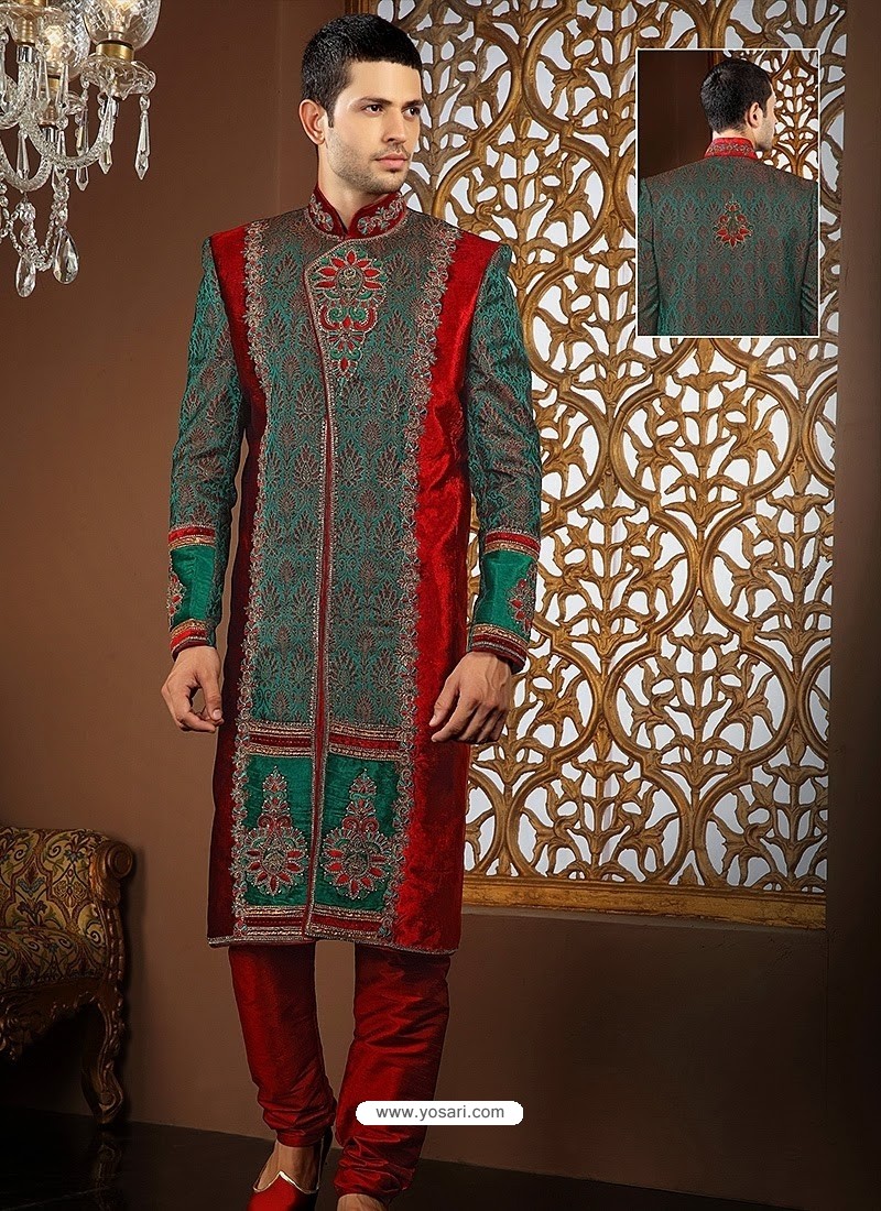 Impressive Red And Green Brocade Designer Sherwani