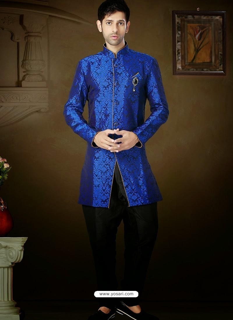 Observable Blue Brocade Party Wear Sherwani