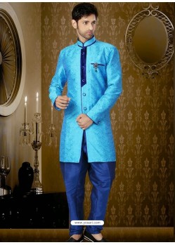 Modern Sky Blue Art Silk Party Wear Sherwani