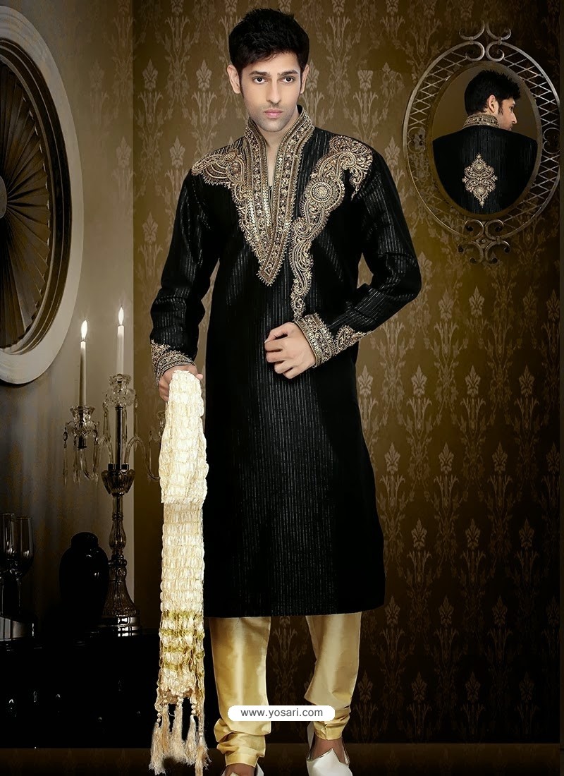 Dazzling Black Art Silk Party Wear Sherwani