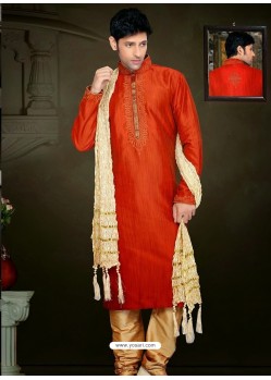 Attractive Art Dupion Silk Orange Colored Readymade Sherwani