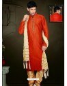 Attractive Art Dupion Silk Orange Colored Readymade Sherwani