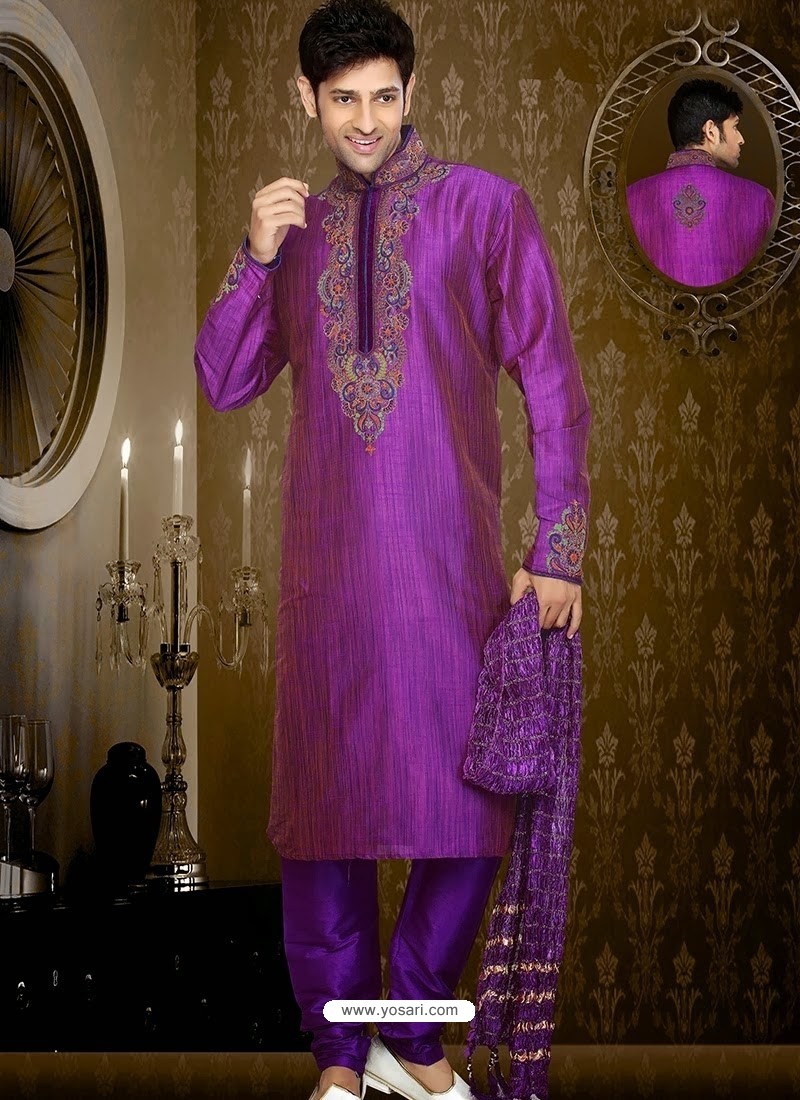 Stunning Purple Art Dupion Silk Readymade Sherwani