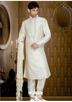 Luxurious Off White Art Silk Sherwani