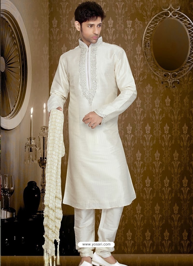 Luxurious Off White Art Silk Sherwani