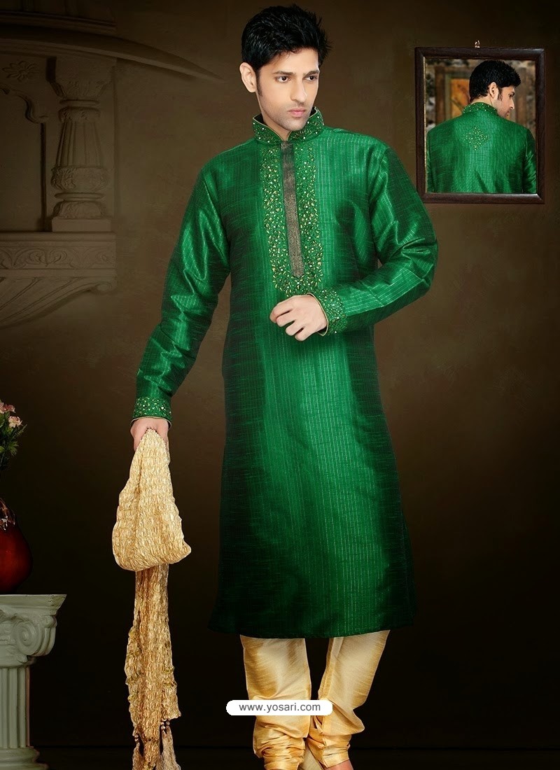 Lustrous Green Art Silk Readymade Sherwani