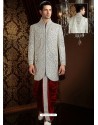Attractive Off White Pure Banarasi Silk Sherwani