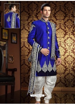 Raw Silk Blue Readymade Enhanced Designer Sherwani
