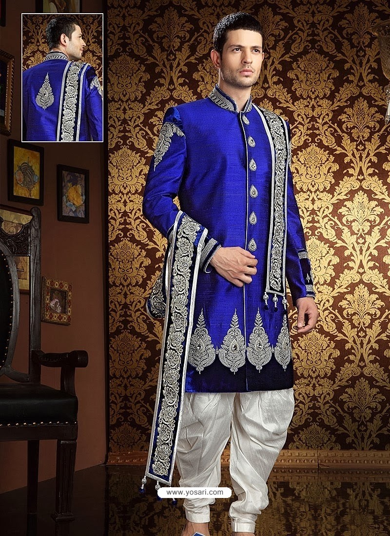 Raw Silk Blue Readymade Enhanced Designer Sherwani