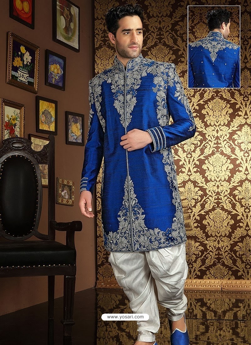 Beauteous Blue Raw Silk Sherwani Suit
