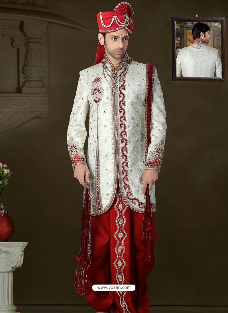 Competent Off White Pure Banarasi Silk Wedding Sherwani