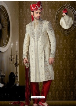 Splendid Beige Pure Banarasi Silk Wedding Sherwani