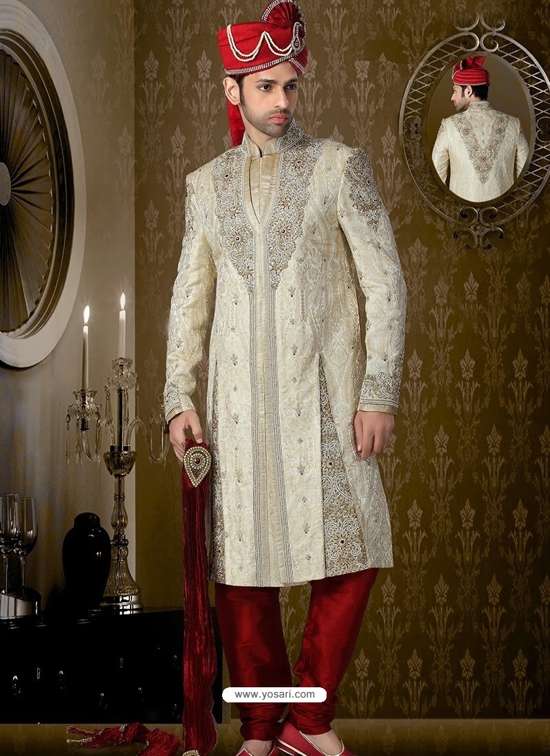 Splendid Beige Pure Banarasi Silk Wedding Sherwani