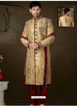 Gold Pure Banarasi Silk Wedding Sherwani