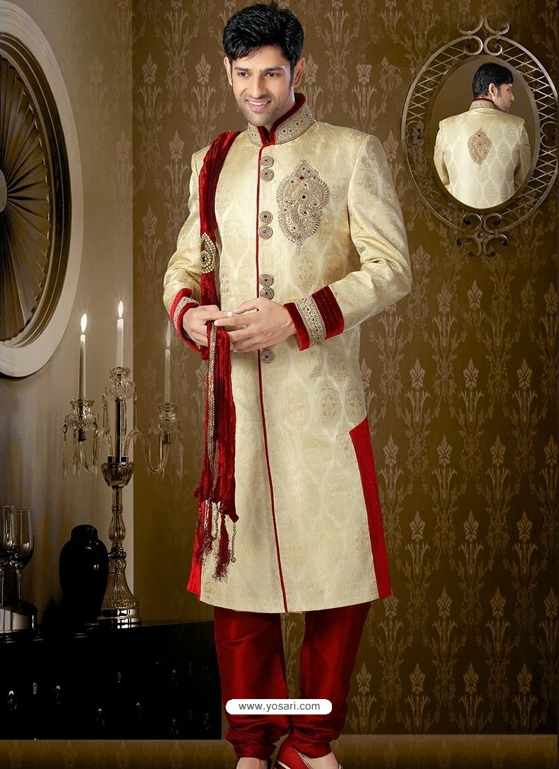 Glorious Pure Banarasi Silk Cream Wedding Sherwani