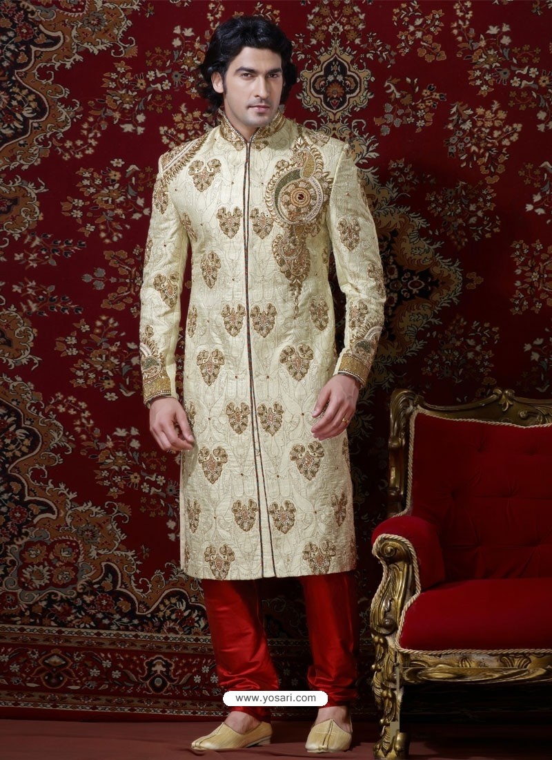Cream Pure Banarasi Silk Collar Style Sherwani