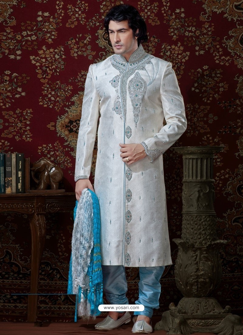 Modish Off White And Blue Shaded Sherwani With Churidar Pyjama