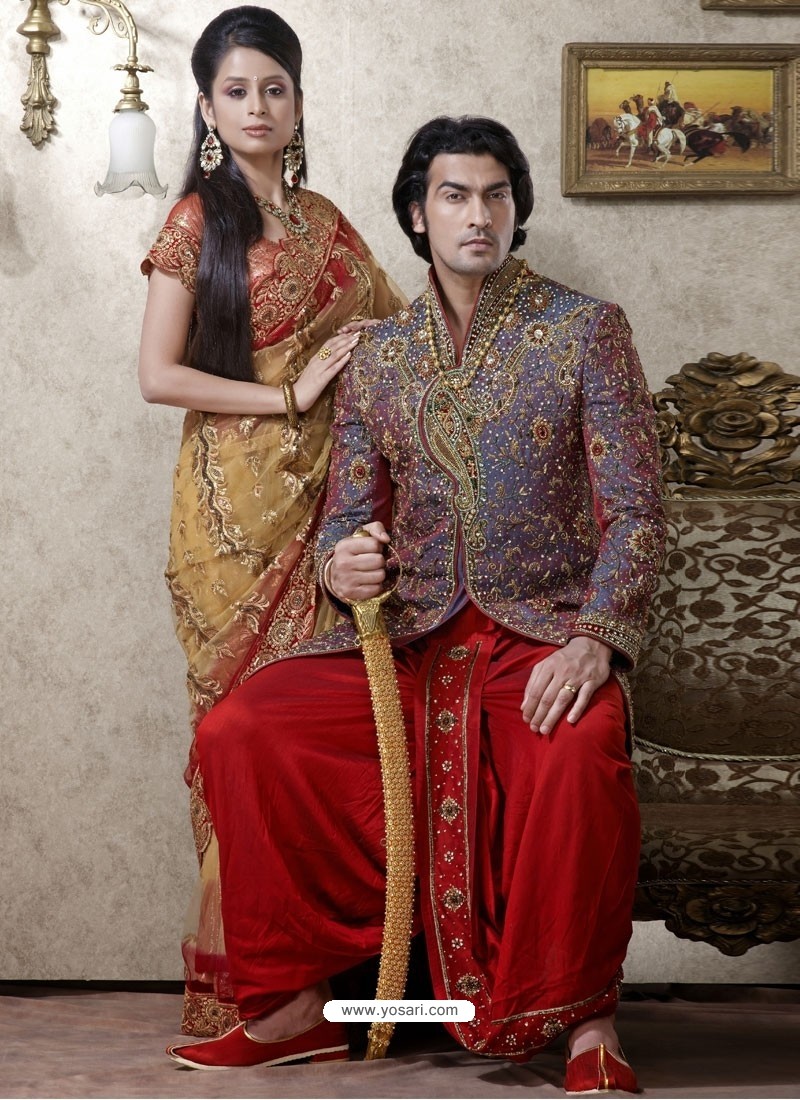 Shop online Purple Wedding Banarasi Indo - Western Sherwani
