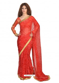 Piquant Red Lace Work Faux Chiffon Casual Saree