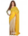 Spectacular Beige And Yellow Lace Work Casual Saree