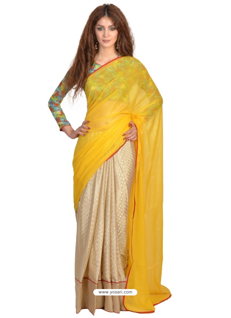Spectacular Beige And Yellow Lace Work Casual Saree