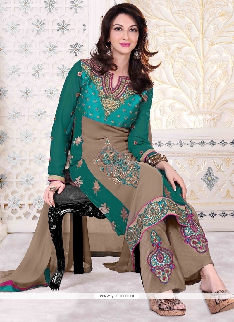 Gleaming Georgette Green Designer Palazzo Suit