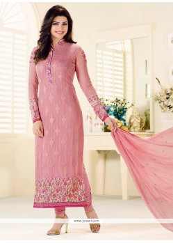 Prachi Desai Georgette Pink Resham Work Churidar Designer Suit