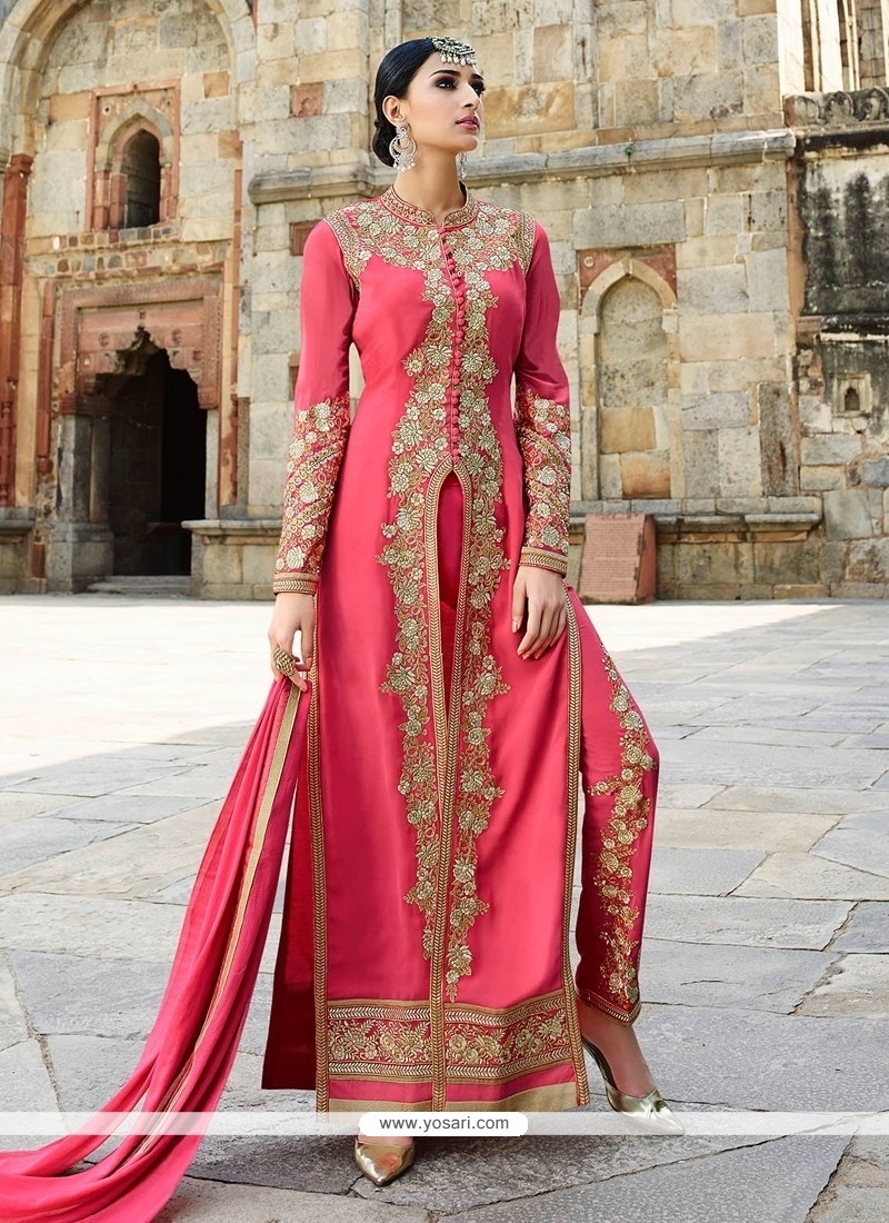 Entrancing Hot Pink Lace Work Georgette Designer Salwar Suit