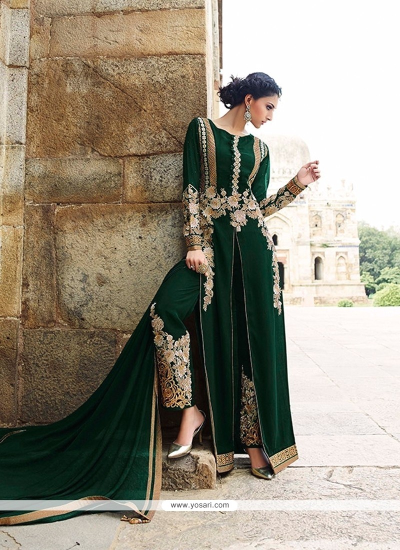 Incredible Georgette Green Lace Work Designer Salwar Suit