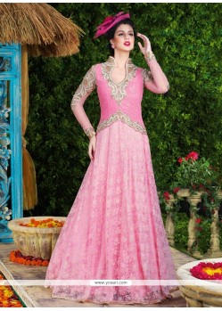 Mystic Pink Resham Work Net Floor Length Anarkali Suit