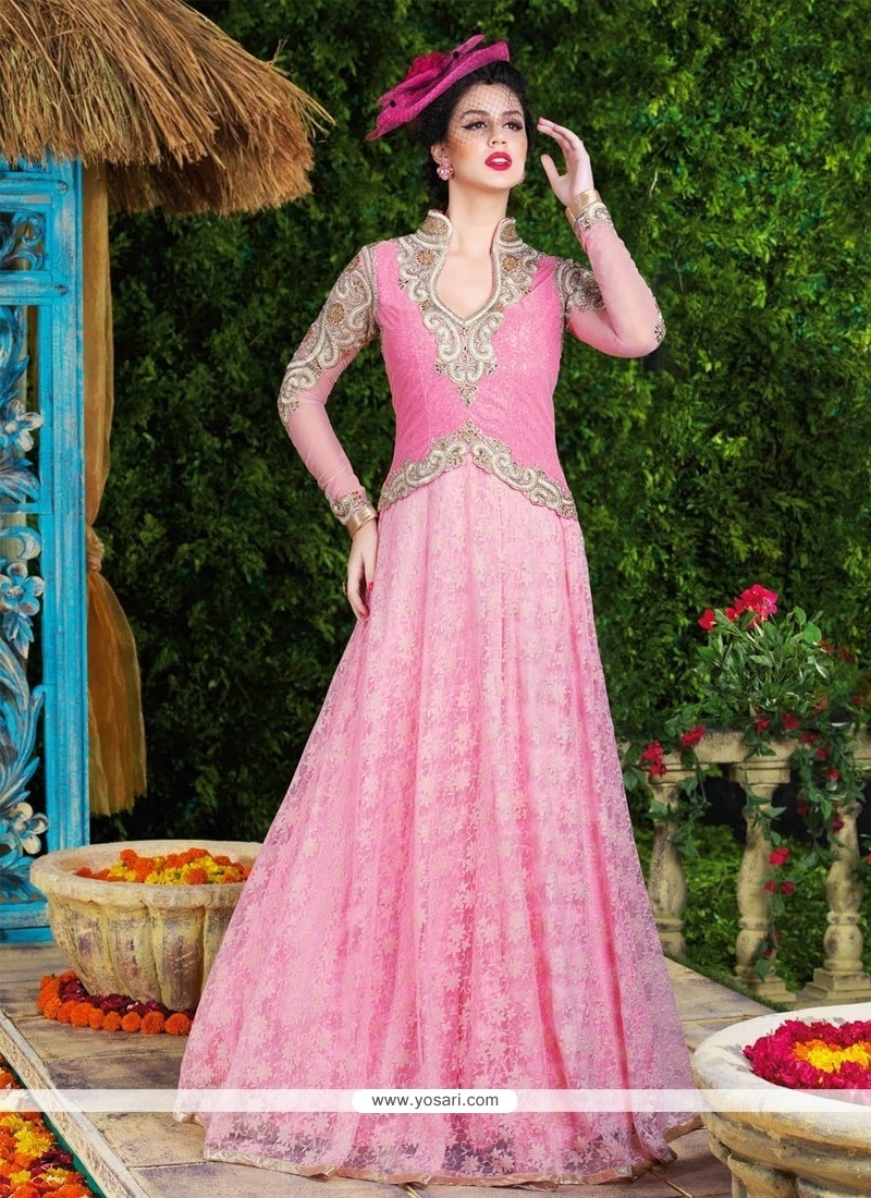 Mystic Pink Resham Work Net Floor Length Anarkali Suit
