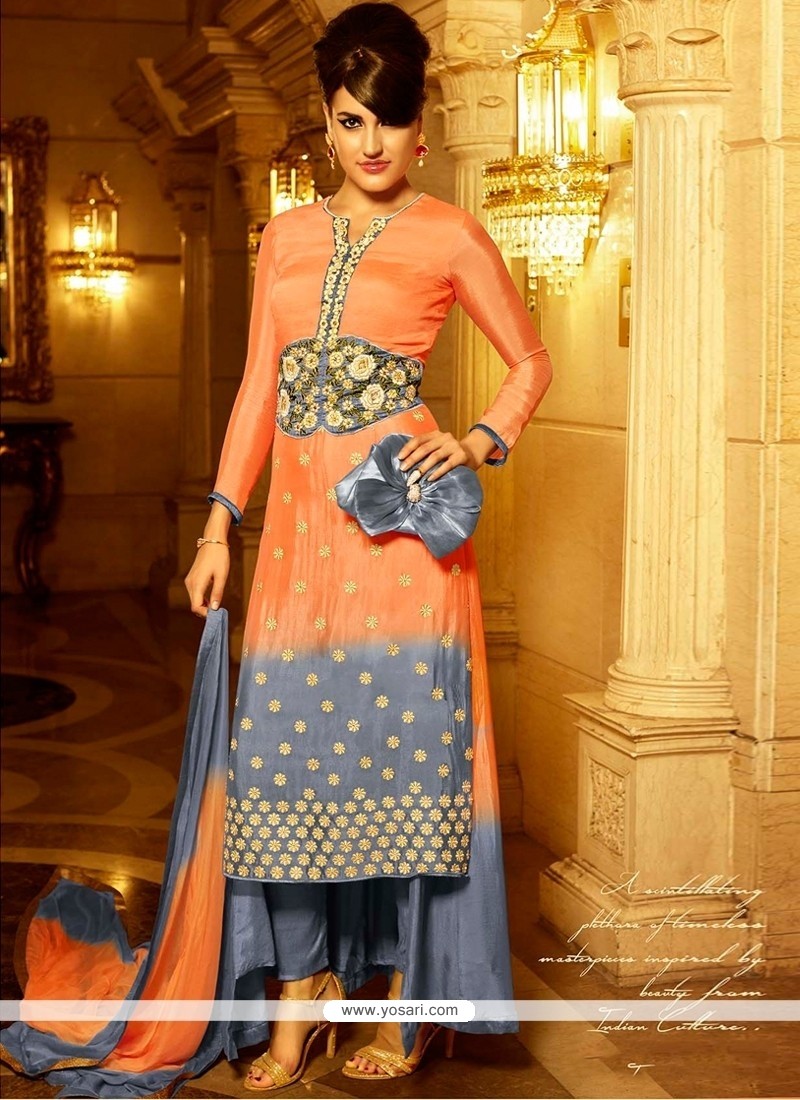 Charming Resham Work Grey And Orange Georgette Designer Salwar Suit