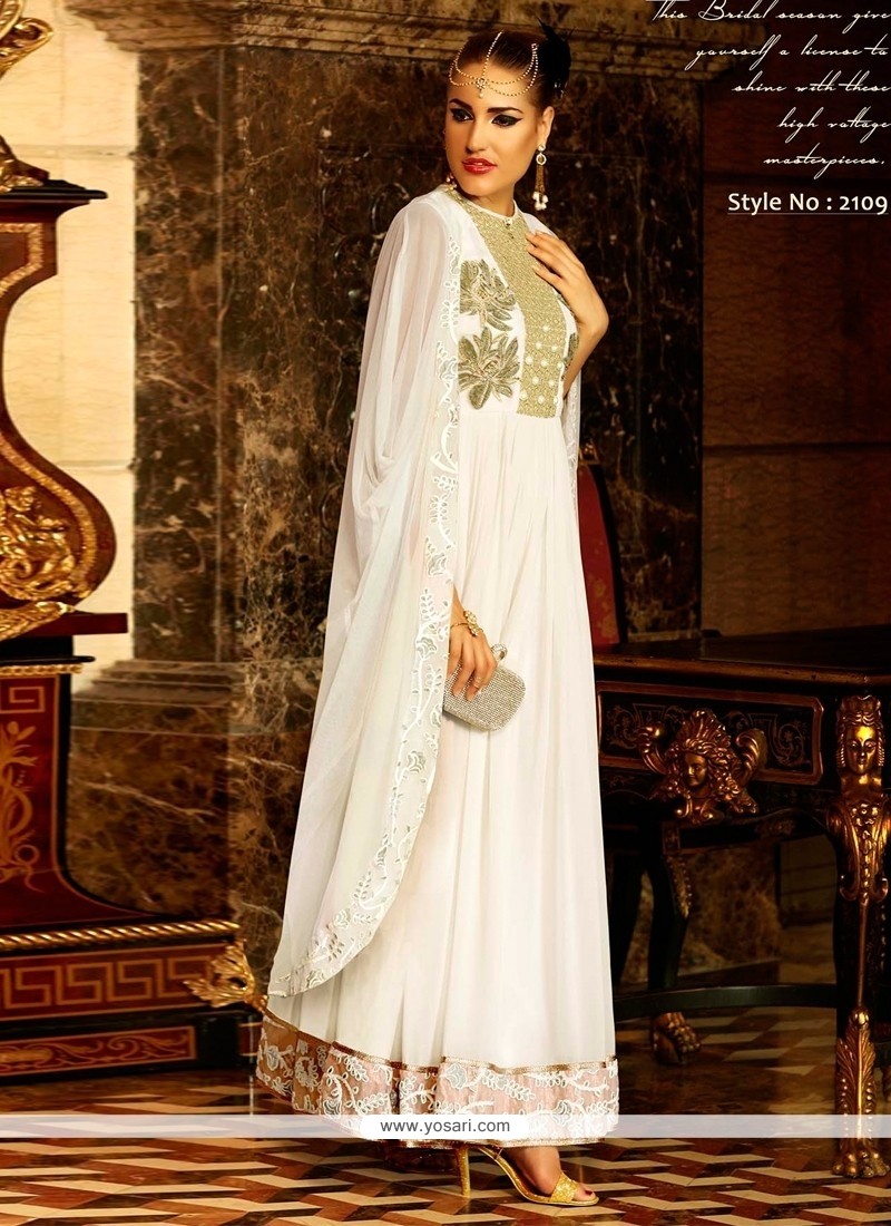 Savory Georgette White Resham Work Anarkali Salwar Suit