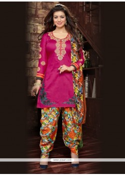 Miraculous Resham Work Hot Pink Cotton Designer Patila Salwar Suit