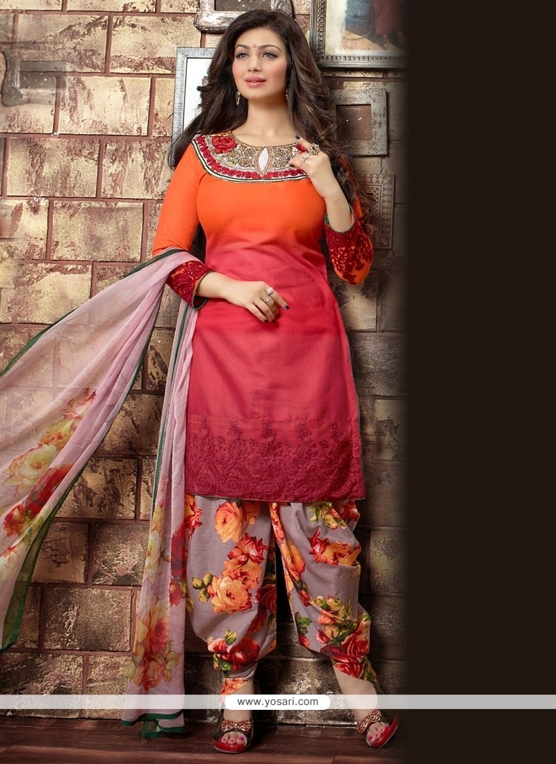 Enthralling Red And Orange Embroidered Work Cotton Designer Patila Salwar Suit