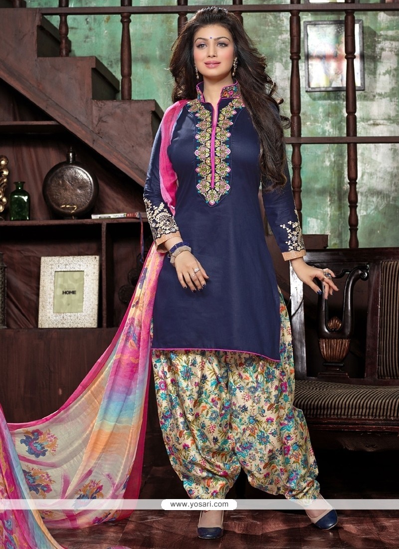 Brilliant Embroidered Work Blue Cotton Designer Patiala Suit