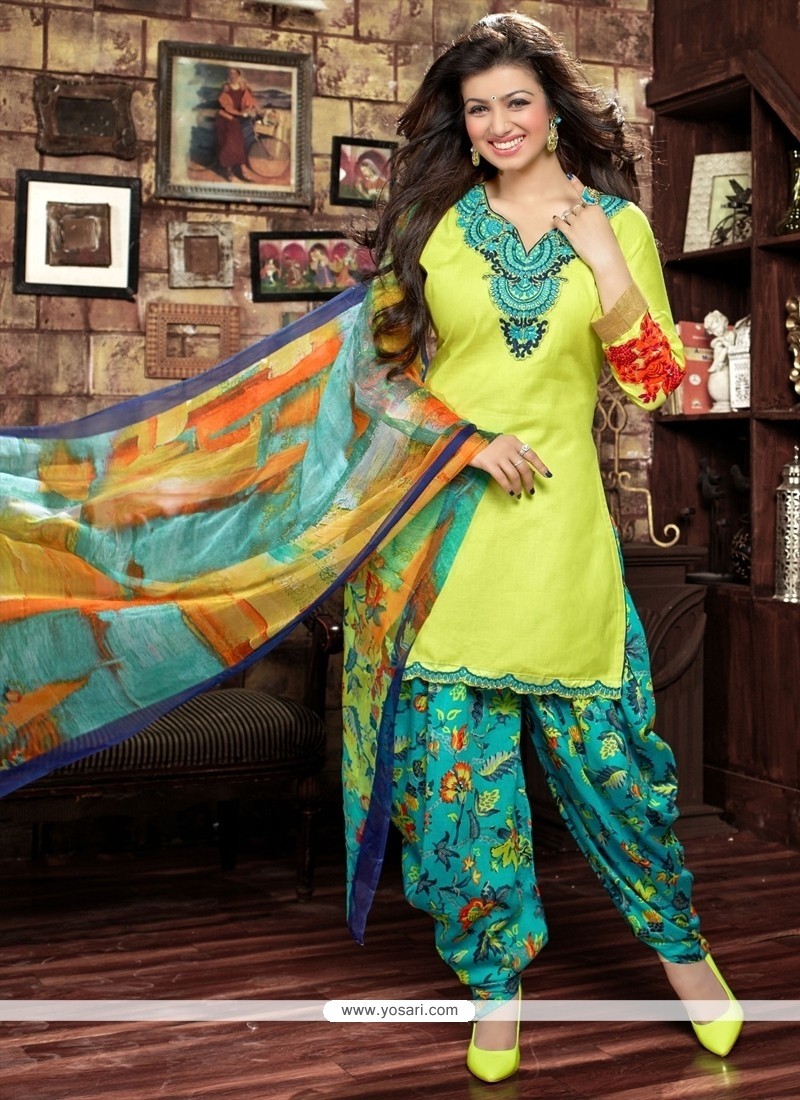 Immaculate Cotton Yellow Resham Work Designer Patiala Salwar Kameez