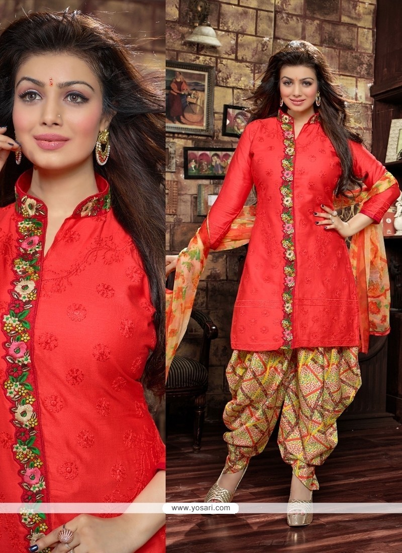 Elite Red Cotton Designer Patiala Suit