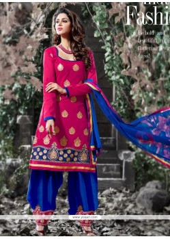 Hot Pink And Blue Chanderi Designer Salwar Suit