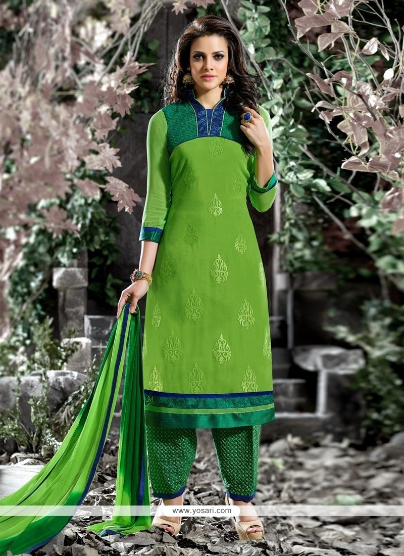 Amazing Embroidered Work Cotton Green Designer Salwar Suit