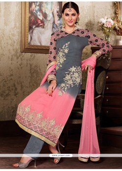Dignified Grey And Pink Resham Work Punjabi Suit
