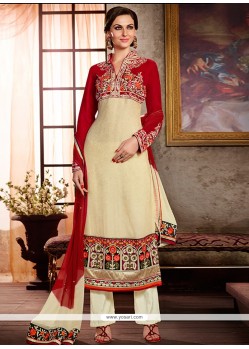 Captivating Cream And Red Embroidery Work Punjabi Suit