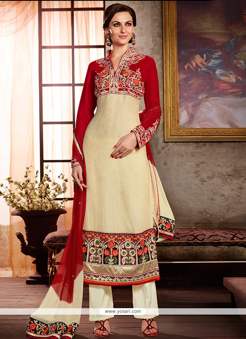 Captivating Cream And Red Embroidery Work Punjabi Suit