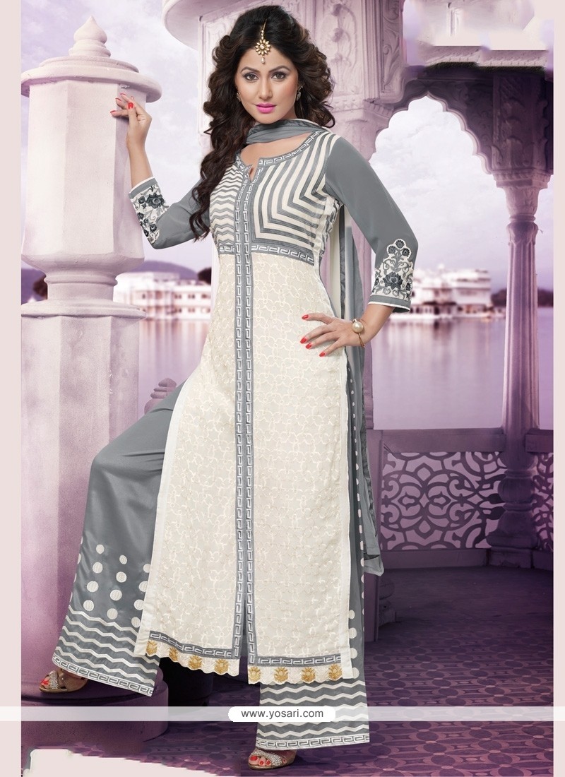 Festal Grey And White Embroidered Work Georgette Designer Palazzo Salwar Suit