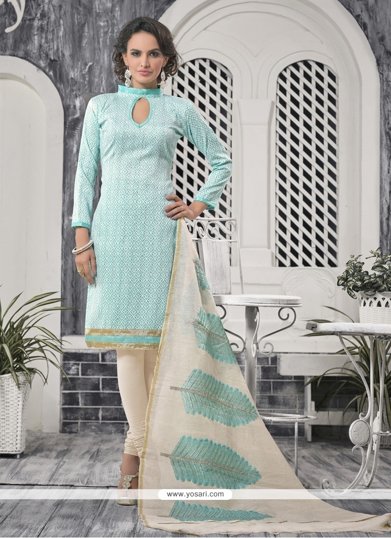 Refreshing Print Work Blue Bhagalpuri Silk Churidar Designer Suit