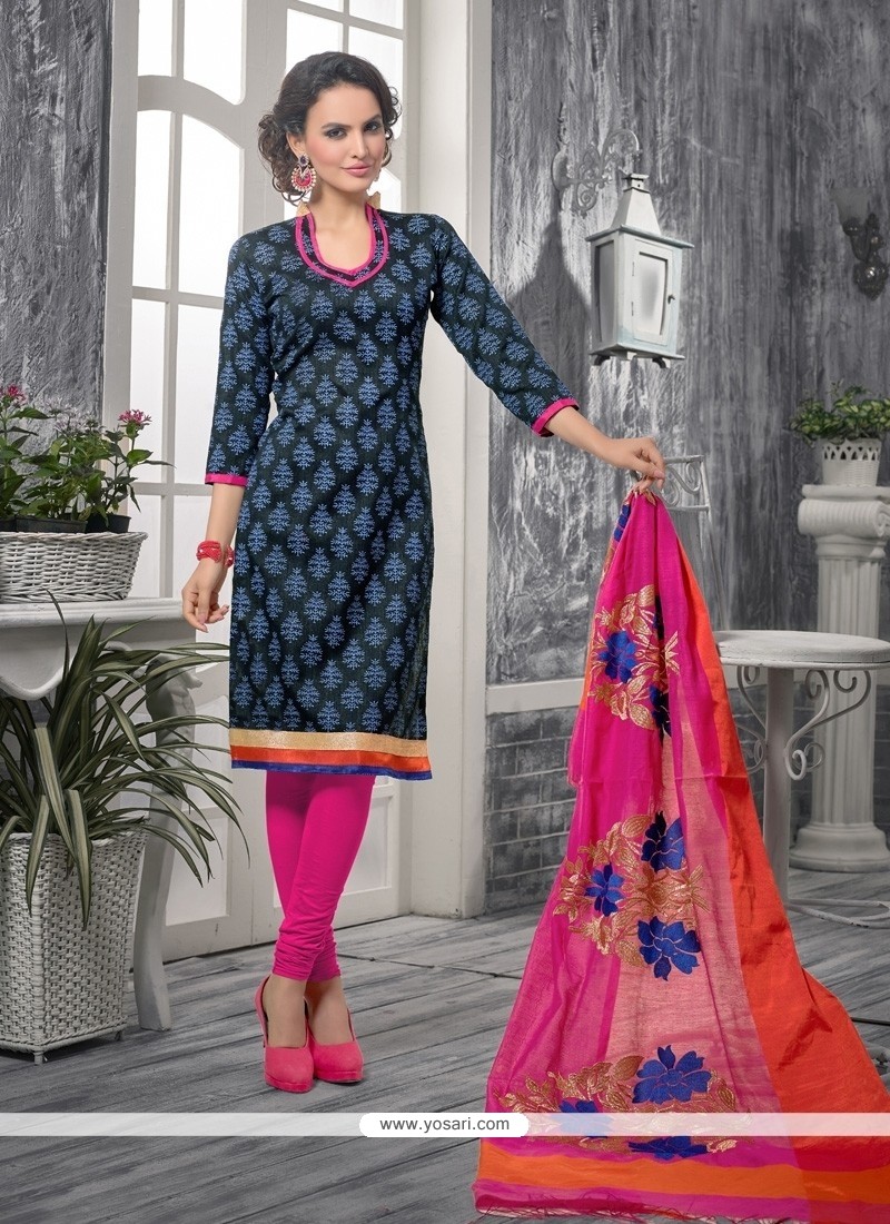 Miraculous Print Work Blue And Black Bhagalpuri Silk Churidar Designer Suit