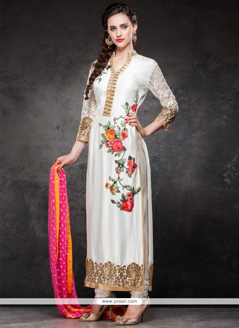 Competent Resham Work Raw Silk Designer Straight Salwar Kameez