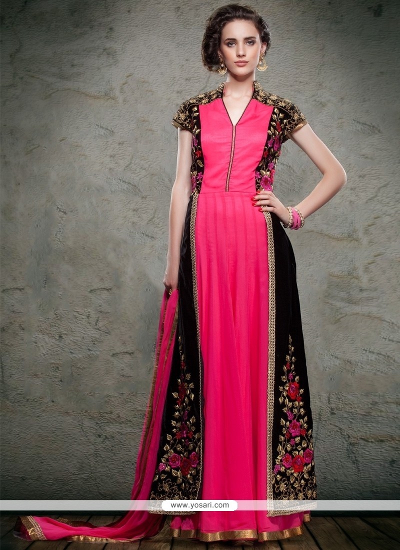 Invaluable Hot Pink And Black Embroidered Work Anarkali Salwar Kameez