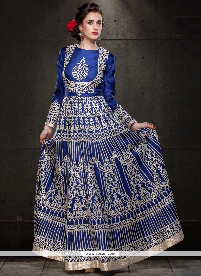 Versatile Resham Work Tussar Silk Blue Floor Length Anarkali Suit